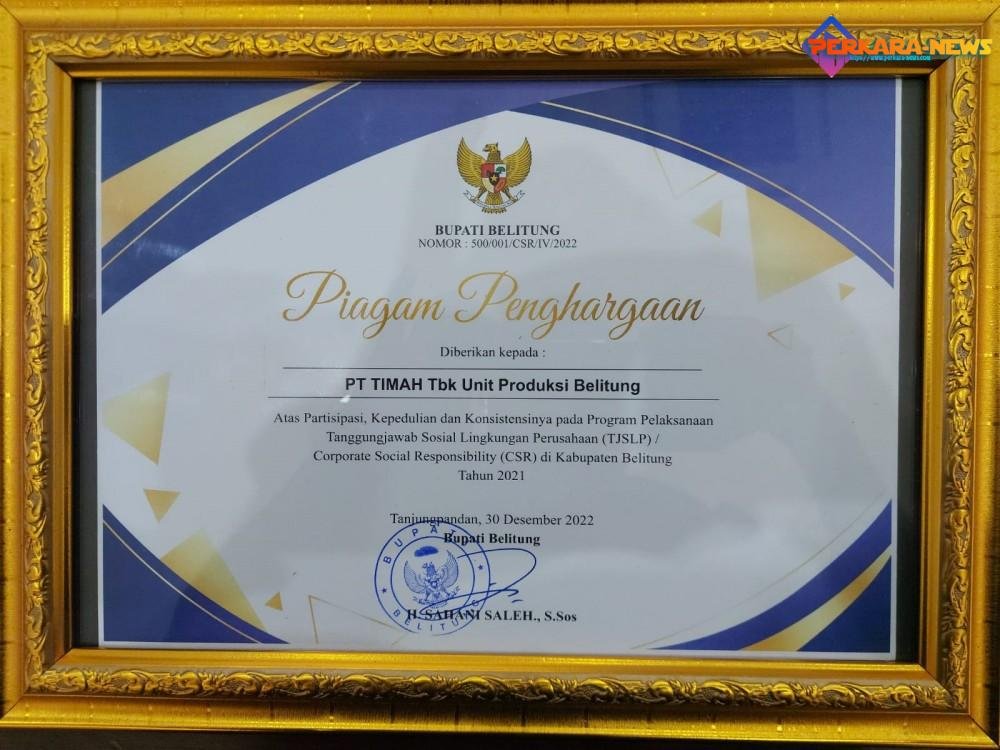 PT Timah Tbk Terima Penghargaan dari Bupati Belitung, Komitmen Salurkan CSR Kepada Masyarakat Kab Belitung